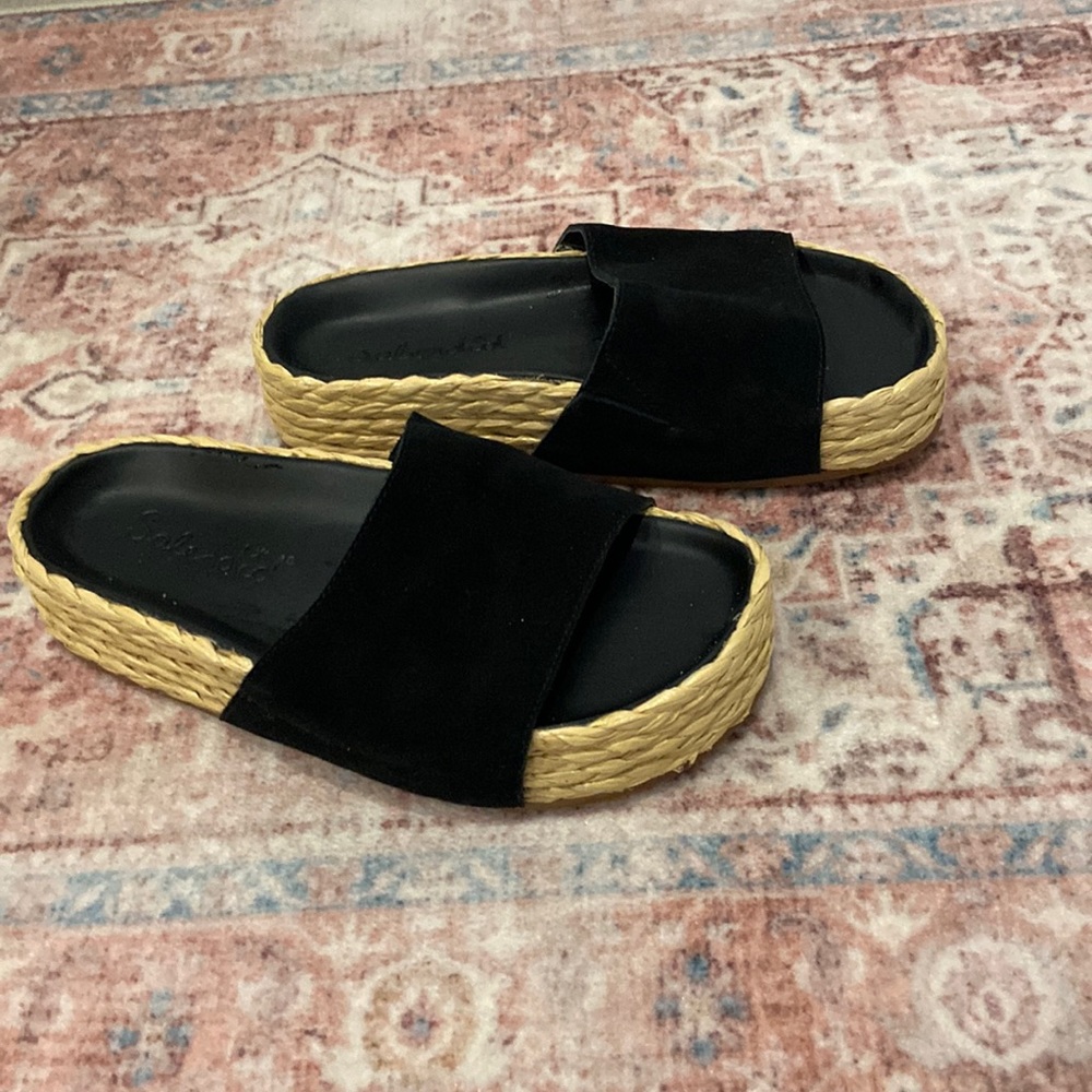 Splendid black suede and woven rope slide on sandals